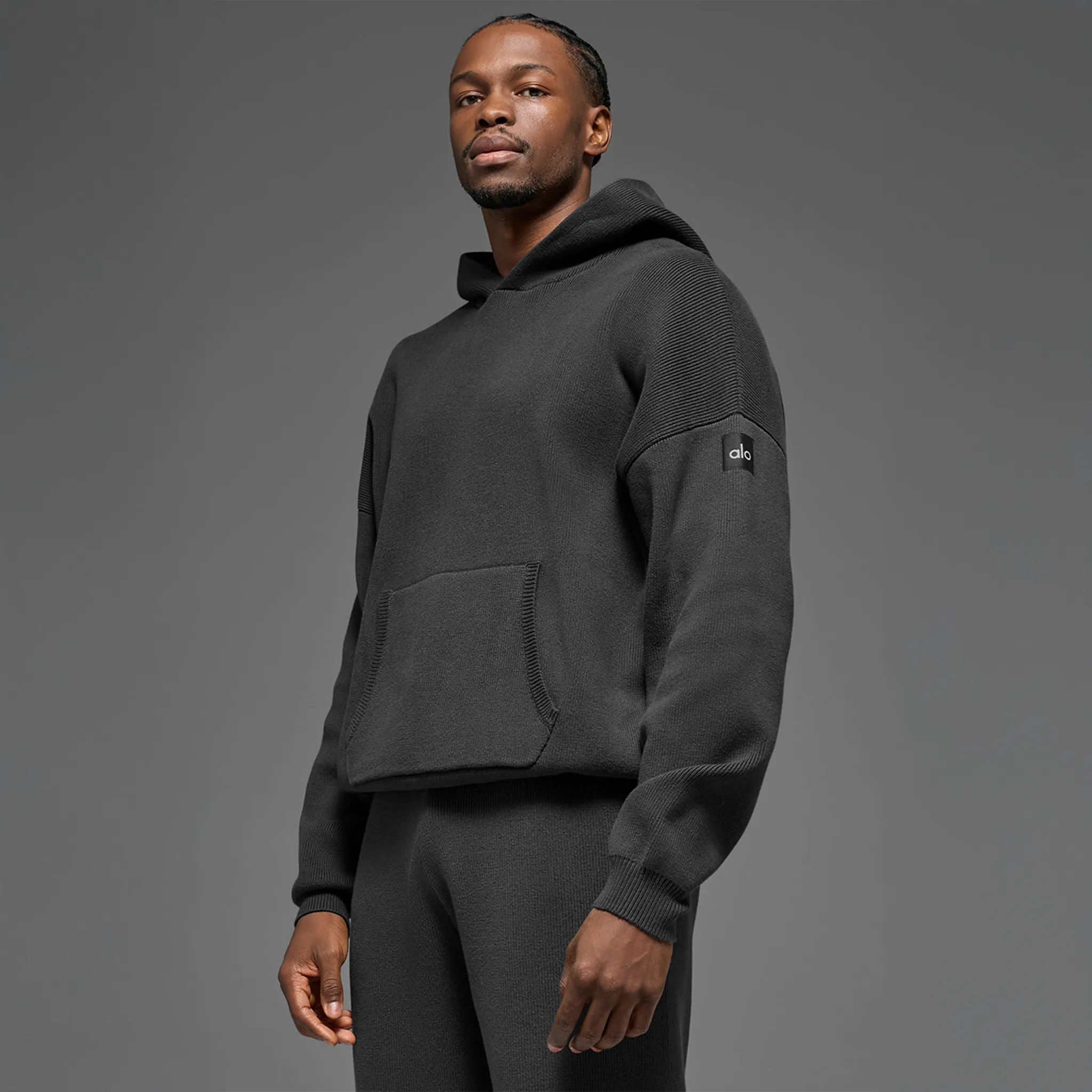 Front View of Alo Yoga Scholar Anthracite Hoodie